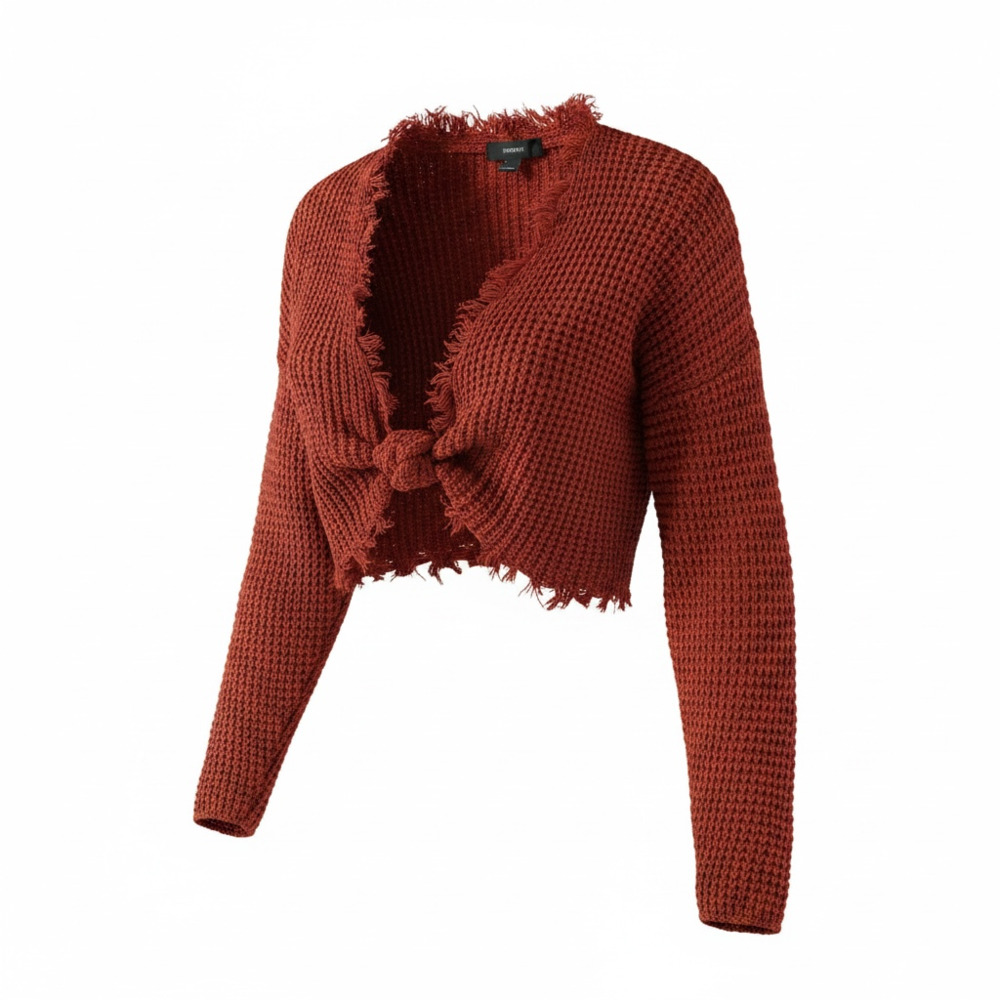 Forever 21 Women's Rust Burnt Orange Distressed Knit Knot-Front Cropped Sweater